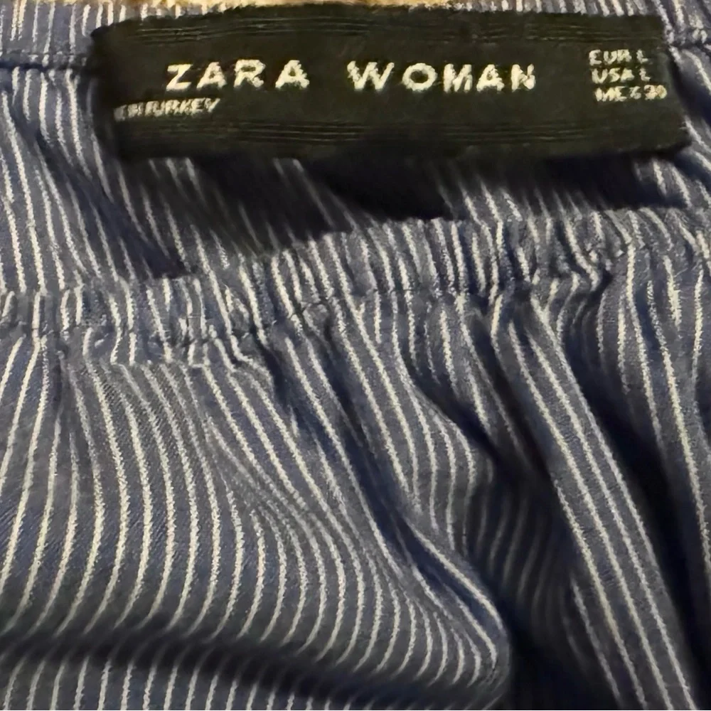 ZARA Off-The-Shoulder Puff Sleeve Blouse Women’s Large Blue & White Striped Top